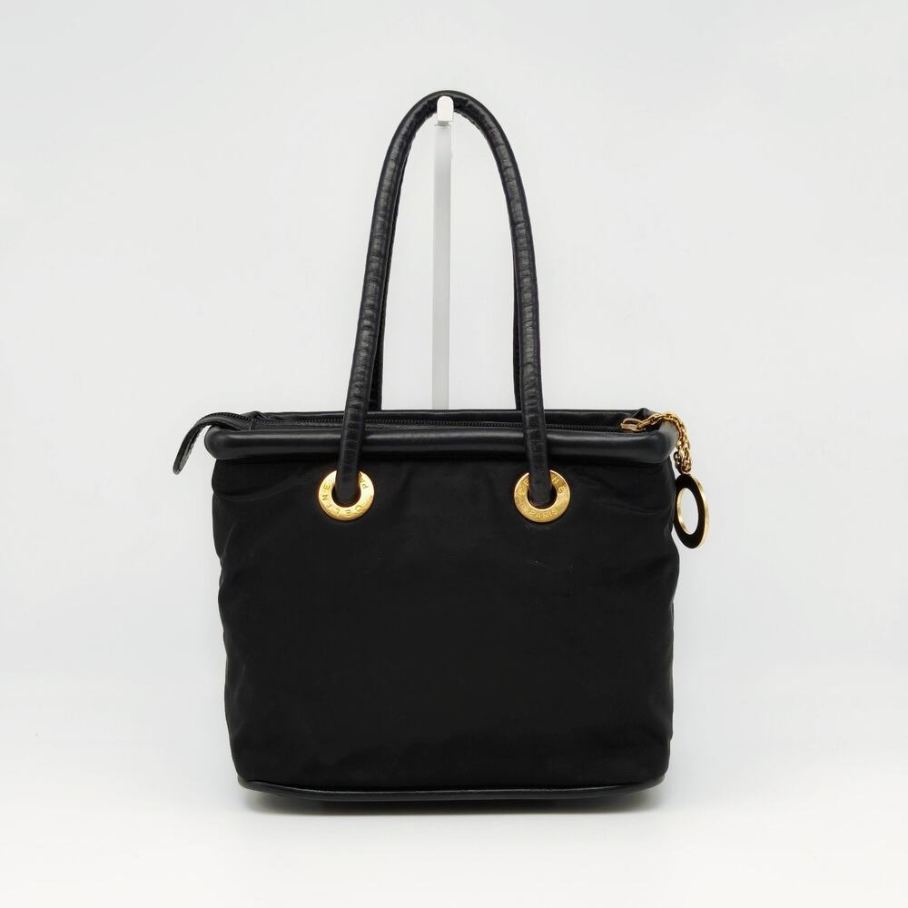 Vintage Celine Paris Black Nylon Leather Trim Tote Handbag Italy